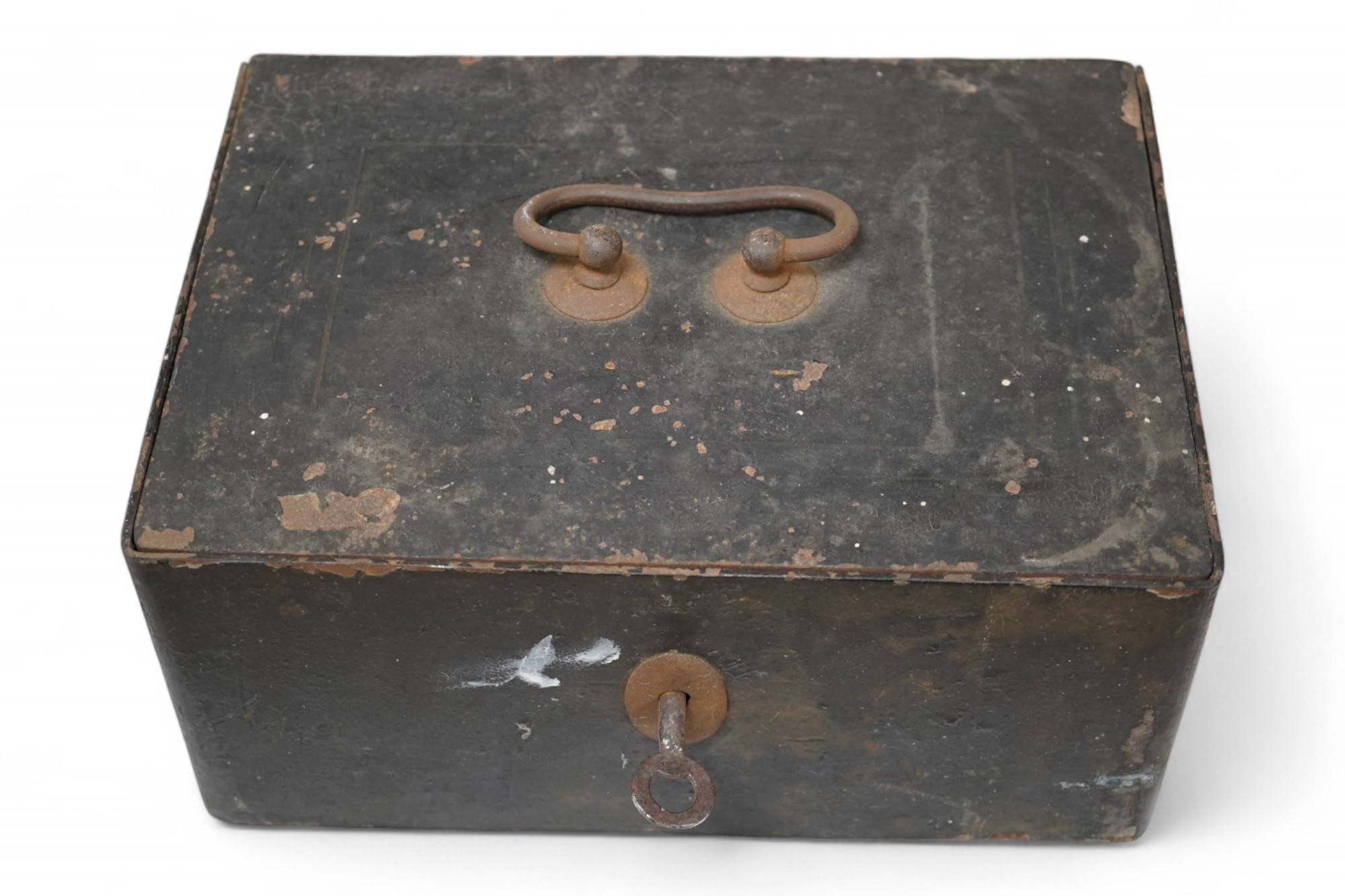 A 19th century strongbox with key, 26cm wide. Condition - worn but working